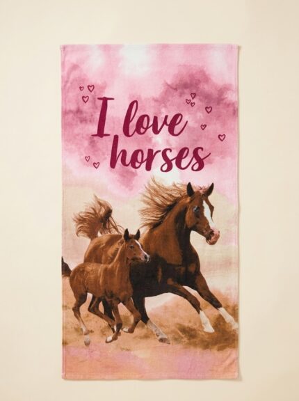 I love horses kids printed bath towel pink