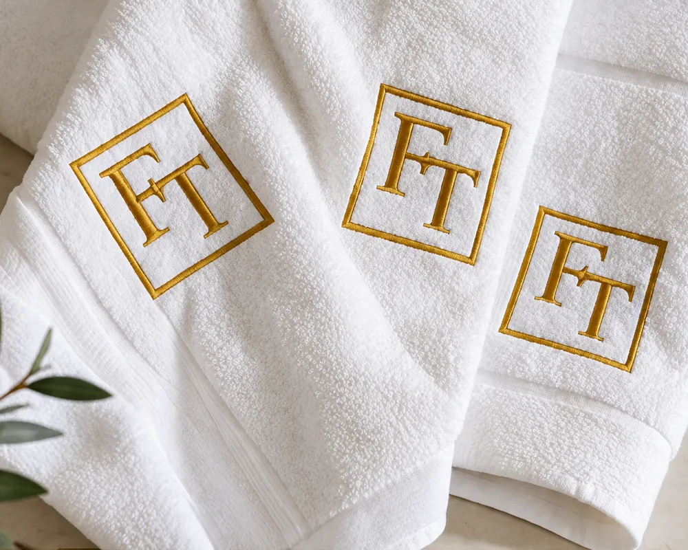 White towels embroidered with the Fair Textile FT monogram