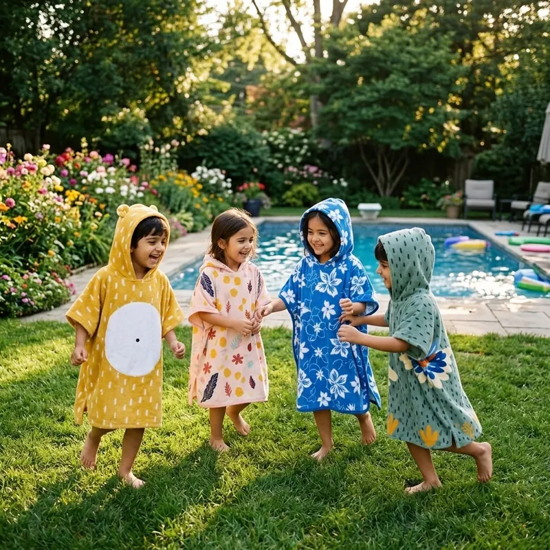Four kids playing in a garden wearing Fair Textile hooded poncho towels in Sunshine Yellow, Pink Bloom, Blue Blossom and Green Garden
