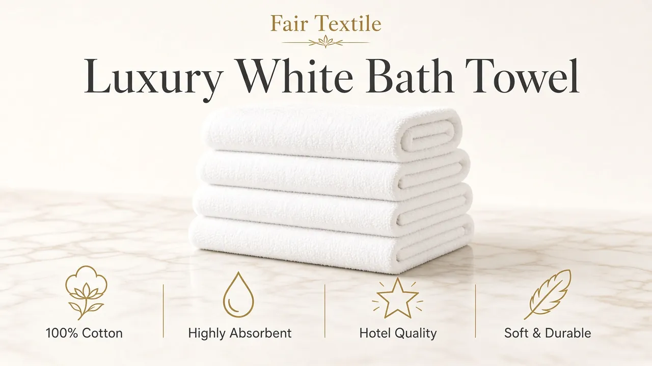 Luxury White Bath Towel infographic: 100% cotton, highly absorbent, hotel quality, soft and durable