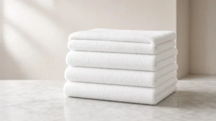 Five folded white Fair Textile bath towels stacked on a marble counter beside a soap dish and eucalyptus